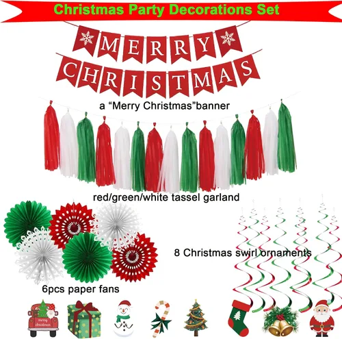 Miniatura 2 de Juego de decoraciones para fiesta de Navidad – Letrero de Feliz Navidad, guirnalda de borlas rojas, verdes y blancas, abanicos de papel y adornos