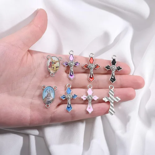 Miniatura 7 de 60 piezas/30 juegos de suministros para kits de fabricación de rosario, religion, cruz y medalla central, dijes de aleación, imagen de Jesús