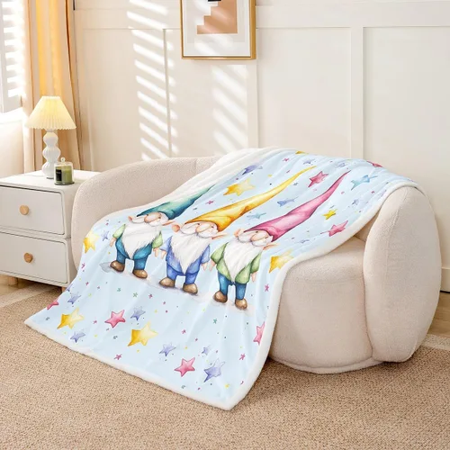 Miniatura 3 de Erosebridal Cartoon Gnomes Fleece Blanket,Dwarf Throw Blanket 40x50 Inch for Bedroom Living Rooms Sofa Couch,Colorful Stars Sherpa