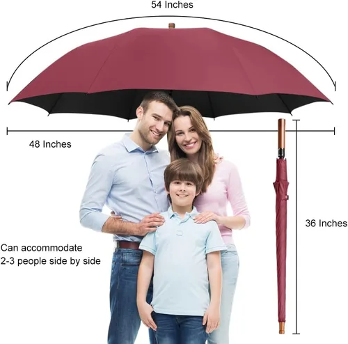Miniatura 3 de Paraguas grande con mango de madera para lluvia, paraguas de golf abierto automático, resistente al viento, 54 pulgadas, elegante paraguas