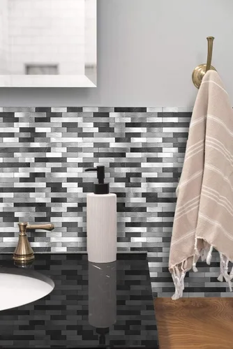 Miniatura 3 de Azulejo de mosaico de metal en muro - LNG oblonga en negro/gris/plateado 5 piezas/paquete - Estilo retro rústico vintage para remodelar la pared