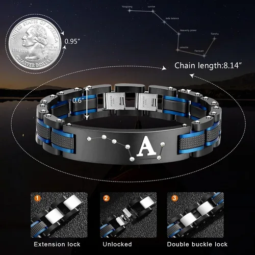 Miniatura 2 de Pulsera Zillaly para hombre, de acero inoxidable ion negro y azul, placa curva inicial, regalo para novio, marido, padre, viene con caja de regalo