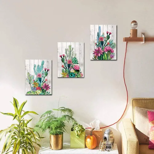 Miniatura 4 de 3 piezas enmarcadas de arte para pared, acuarela, plantas tropicales, cactus del desierto, impresión en lienzo para dormitorio, baño, flores