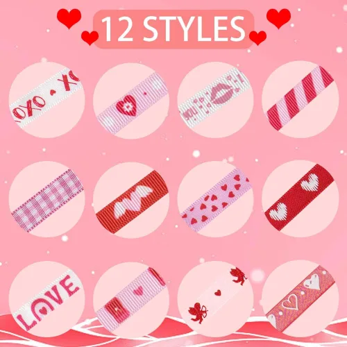 Miniatura 3 de Cintas de San Valentín de 12 yardas, cintas rojas y rosadas, cinta decorativa de grogrén XOXO, corazón de San Valentín, cintas de organza de 3/8