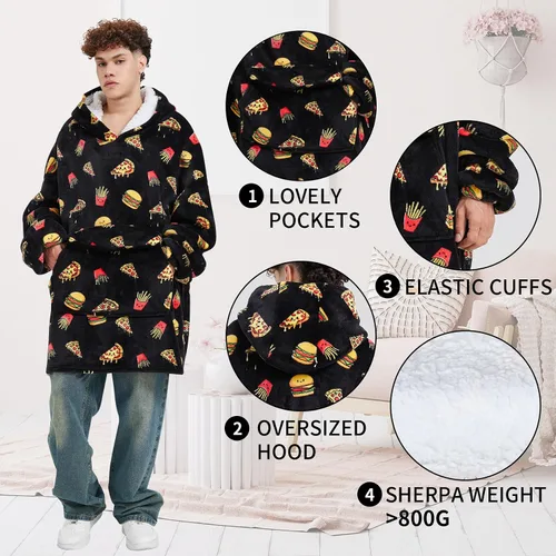Miniatura 4 de Fiosnow Sudaderas con capucha de pizza y papas fritas para mujeres y hombres, sudaderas con capucha de tamaño grande para adultos, manta portátil
