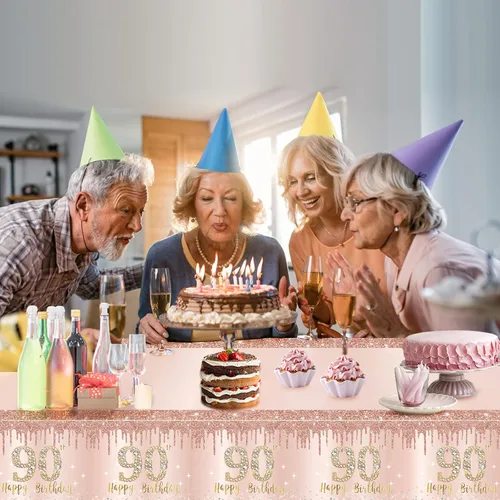 Miniatura 5 de 3 piezas de manteles de cumpleaños número 90 para mujeres, decoración de tema feliz 90 en rosa y oro, suministros de fiesta de cumpleaños de 90