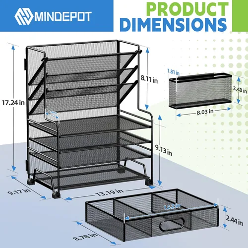 Miniatura 2 de MINDEPOT Organizador de papel de 4 niveles + soporte para archivos de 3 bolsillos + cajón + soportes para bolígrafos, organizador de archivos