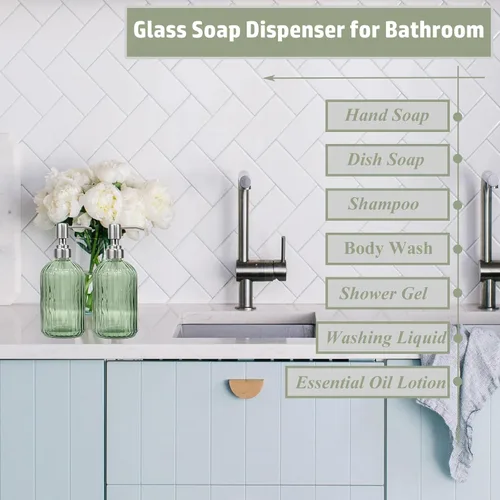 Miniatura 7 de Dispensador de jabón verde de 14 onzas para baño, paquete de 2, dispensadores de jabón de manos de vidrio transparente con bomba de acero