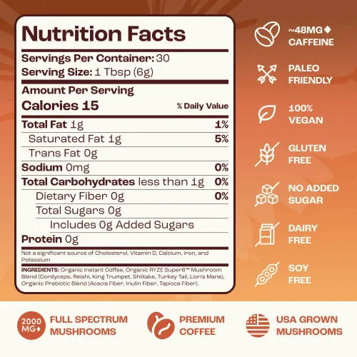 Miniatura 2 de RYZE SUPERFOODS Café de tostado medio de hongos orgánico USDA con 6 hongos adaptogénicos, café instantáneo cultivado en Estados Unidos para una