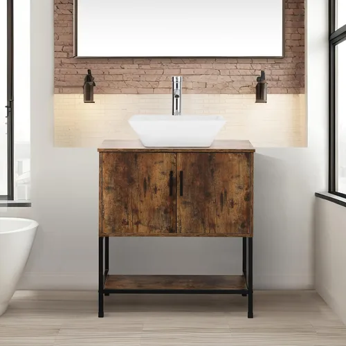 Miniatura 52 de UEV Tocador de Baño de Roble Rústico de 24" con Lavabo, Conjunto de Gabinete de Baño con Marco de Hierro Industrial con Puertas y Estante, con Combo