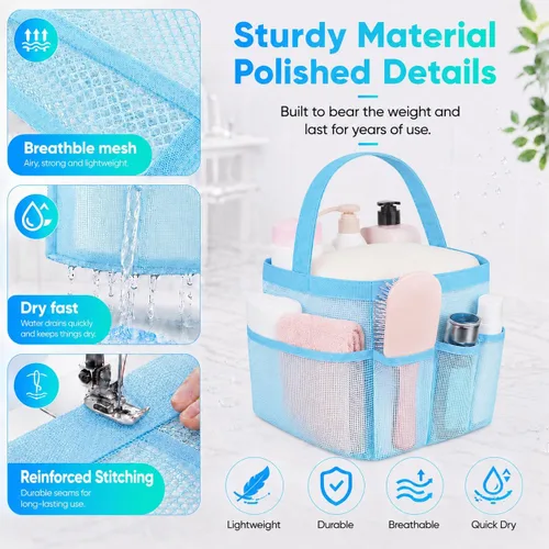 Miniatura 3 de Attmu Organizador de ducha de malla portátil para dormitorio universitario, artículos esenciales de habitación con 8 bolsillos, cesta colgante