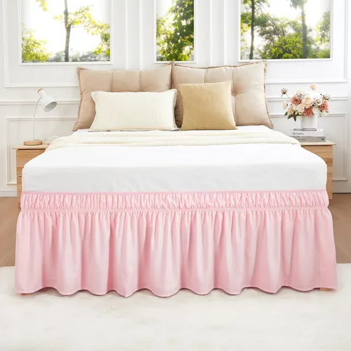 Vocander Falda de Cama Rosa Tamaño Individual con Caída de 14 Pulgadas, Falda de Cama Elástica con Volantes Antipolvo, Fácil de Colocar, Faldas de