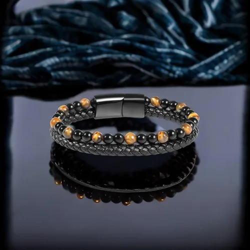 Miniatura 5 de Pulsera de cuero negro de ojo de tigre para hombre, piedra preciosa de ojo de tigre natural, joyería hecha a mano, pulsera de protección