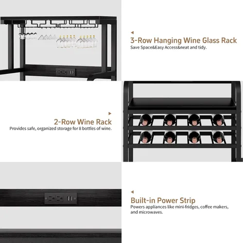 Miniatura 8 de Mini soporte para refrigerador con toma de corriente, soporte para microondas con estante para vino, barra de café con cestas de almacenamiento