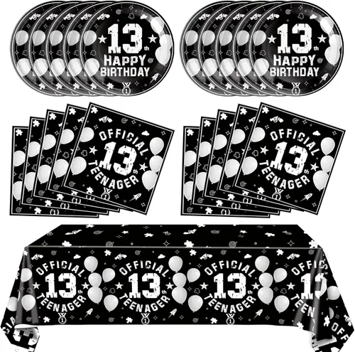 Miniatura 12 de Juego de 41 decoraciones para fiesta de cumpleaños número 13, color negro y rojo, incluye platos y servilletas, mantel para niños y niñas, dulce
