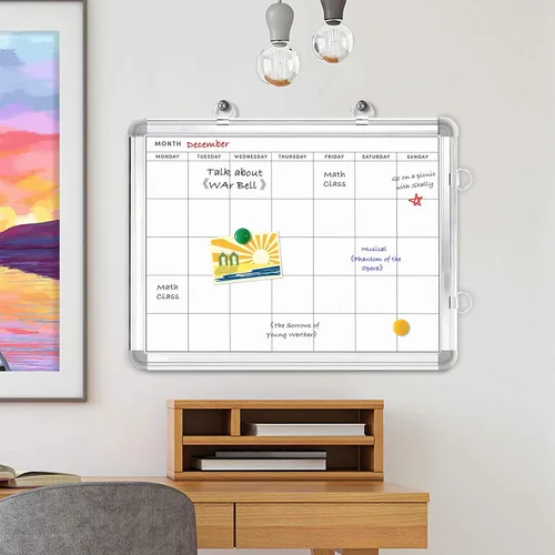 Miniatura 4 de Combinación de calendario magnético 3 en 1, pizarra blanca y tablero de corcho, pizarra blanca colgante de 12 x 16 pulgadas con 5 marcadores y 1