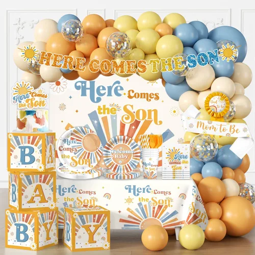 Here Comes The Son - Decoración para baby shower, decoración retro con temática de sol y sol, decoración de baby shower para niños, decoración de