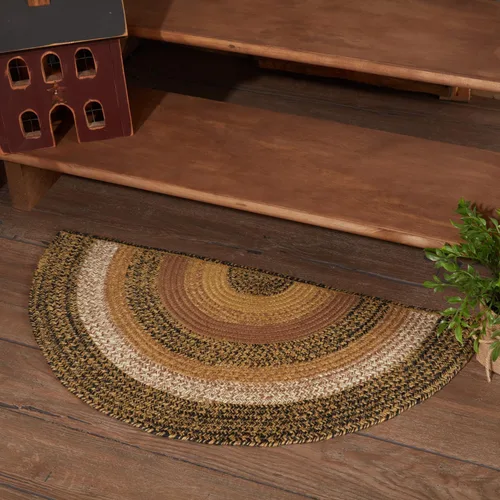VHC Brands Kettle Grove Primitive - Alfombra de yute a rayas color tostado medio círculo, decoración de 16.5 x 33 pulgadas