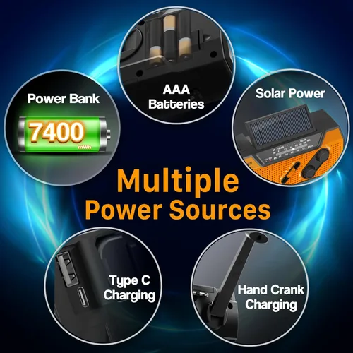 Miniatura 6 de FosPower NOAA Radio meteorológica de emergencia A1 7400 mWh, banco de energía portátil, AM/FM, USB/solar/carga de manivela, funciona
