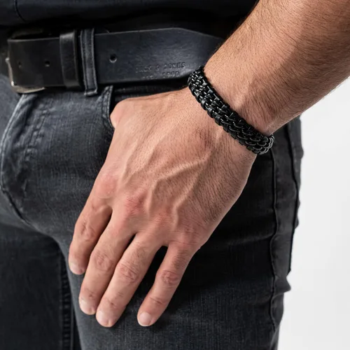 Miniatura 3 de SERASAR Pulsera de cuero genuino de primera calidad [acero] para hombre en negro Cierre magnético de acero inoxidable en negro, plata y oro