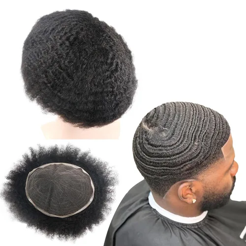 Miniatura 33 de Pelucas Afro Rizadas Toupé para Hombres Pelucas para Hombre Afroamericano Negro Unidad de Cabello Masculino Negro Rizado Afro Tejido Masculino