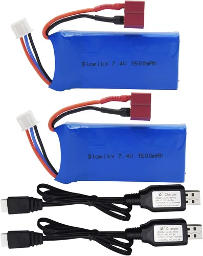 Blomiky Paquete de 2 baterías recargables de 7.4 V 1500 mAh 40C Lipo 11.1 Wh enchufe T y cable USB adecuado para 9005E 300E 302E 9155 9156 y WLtoys