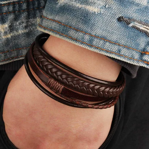 Miniatura 7 de Arcutina Pulsera trenzada marrón casual de cuero negro para hombre