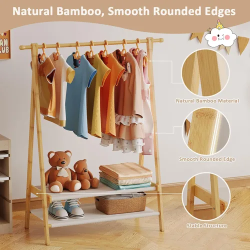 Miniatura 5 de Perchero de ropa para niños con 2 estantes de tela, soporte plegable para ropa infantil con barra para colgar, organizador de disfraces pequeño