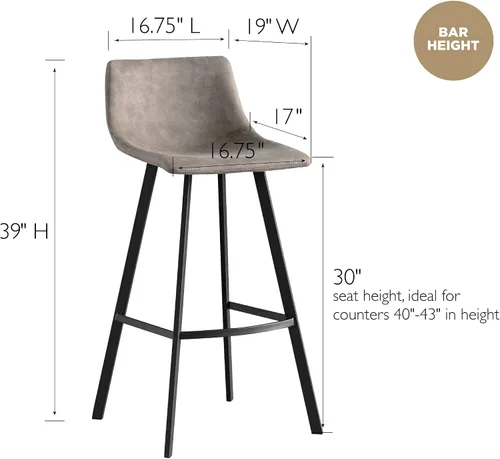Miniatura 3 de Leick Home 10137BL/GR Taburete de bar tapizado de microfibra con base de acero, juego de 2, para encimeras de cocina elevadas, mesas altas y bares