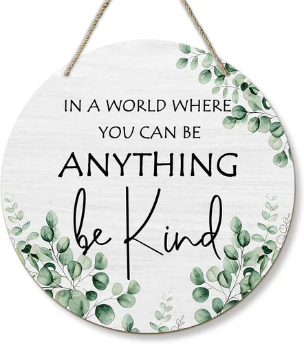 PHAMTE Inspirational Classroom Round Wreath Sign, Motivational Wall Hanging Plaque Wood Sign, in a World Where You Can Be Anything Be Kind