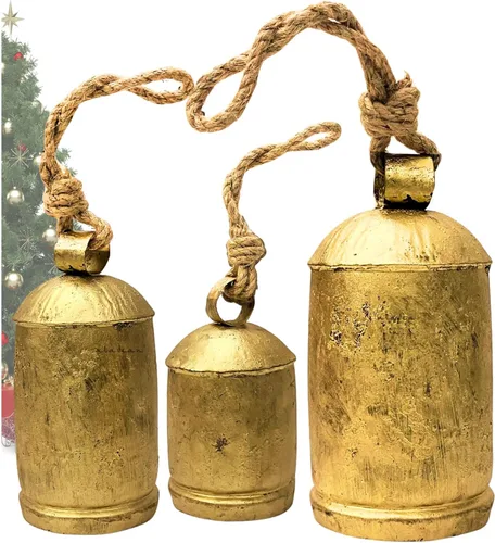 Juego de 3 Campanas Decorativas de Vaca Grandes de Armonía - Campanas de Navidad Gigantes Vintage, Cencerro Rústico de Campo con Cuerda de Yute XL