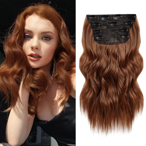 Miniatura 25 de NAYOO 4 piezas Extensiones de cabello con pinza, ondas largas y rizadas, sintéticas, gruesas, con fibra de doble trama, para mujeres, color cobre