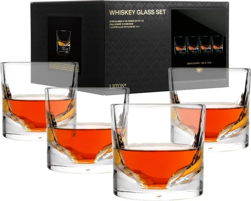 LIITON Grand Canyon - Juego de regalo de 4 vasos de whisky de cristal pesado, vaso de bourbon grueso congelable de 1 libra cada uno, regalos de
