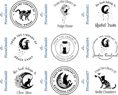 Miniatura 3 de The Library of Custom Book Stamp - Estampado personalizado con diseño de gatos florales (1 5/8 pulgadas x 1 5/8 pulgadas)