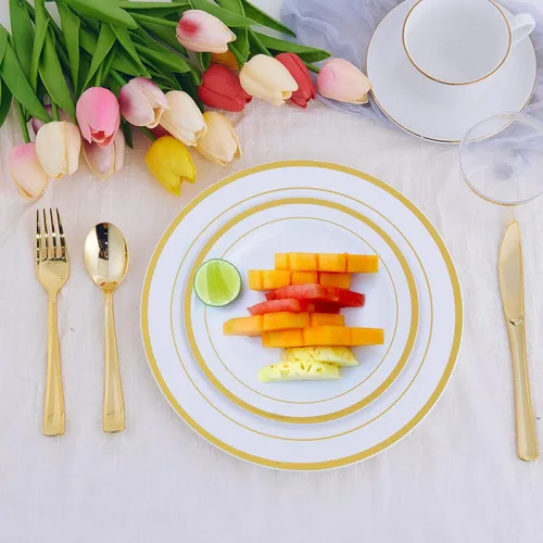 Miniatura 3 de 125 unidades de platos de plástico dorados incluyen 25 platos para cenar, 25 postres desechables y cubiertos desechables dorados, juego de vajilla