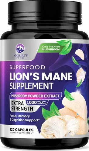 Cápsulas de suplemento de melena de leones, melena de león, 1000 mg por porción, hongo de melena de león extra fuerte, superalimento para memoria