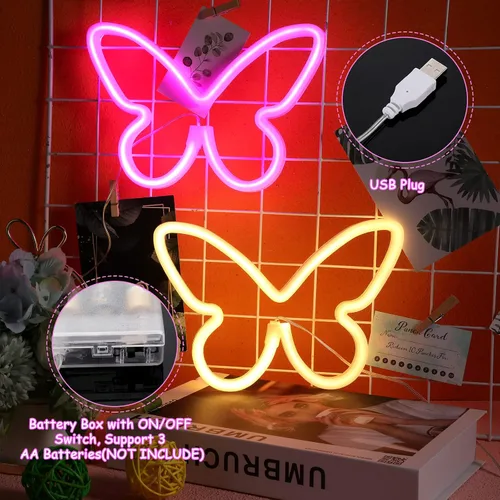 Miniatura 3 de Riakrum 2 piezas de letreros de neón de mariposa con luz LED, alimentado por batería 3AA, operado por USB, luz de neón de pared, decoración