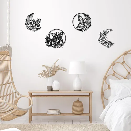 Miniatura 6 de Photect 4 piezas de decoración de pared de metal de mariposa, decoración de pared de mariposas, fases lunares, hojas de flores, arte floral