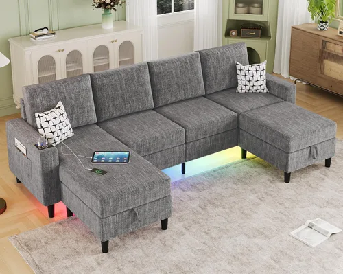 Miniatura 9 de Sofás seccionales para sala de estar, sofá seccional de tela de lino suave de 6 asientos con otomana de almacenamiento, sofá moderno convertible