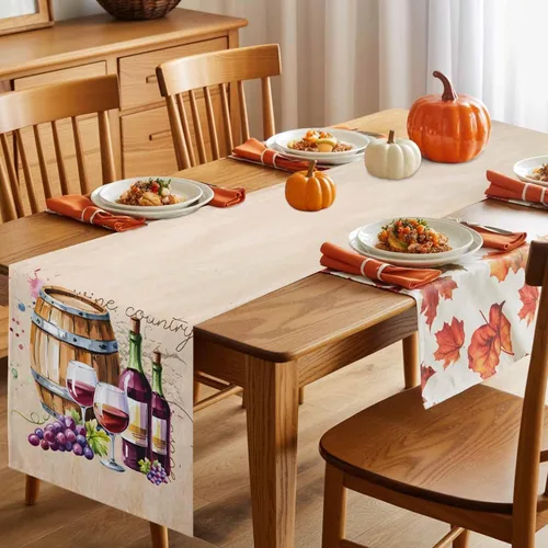 Miniatura 4 de Camino de mesa de otoño, caminos de mesa de vino y uva, cosecha, Acción de Gracias, vintage, barril de vino, de algodón, lino, bufanda, cocina, mesa