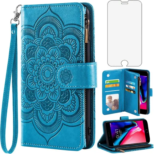 Asuwish Compatible con iPhone 7plus 8plus 7/8 Plus Funda tipo cartera y protector de pantalla de vidrio templado, funda de cuero con tapa para