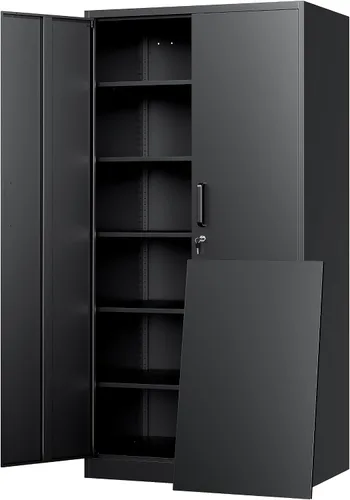 Miniatura 19 de Yizosh Armario de almacenamiento de metal para garaje con 2 puertas y 5 estantes ajustables, gabinete de archivo de acero con cerradura de 71