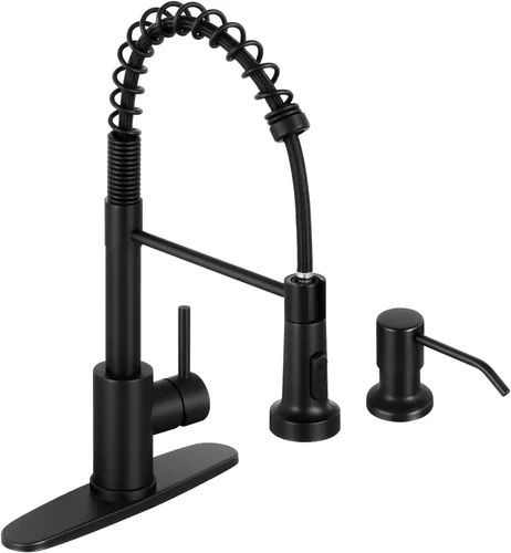 Miniatura 26 de DJS - Grifo de cocina con rociador extraíble, acabado negro mate, ajuste de modo dual, una manija, para 1 o 3 orificios, grifo comercial
