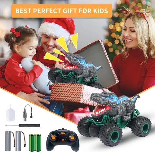 Miniatura 4 de Coche de control remoto de dinosaurio, juguetes de camión monstruo mega RC de 2.4GHz para niños pequeños, juguetes de dinosaurio con luz, sonido