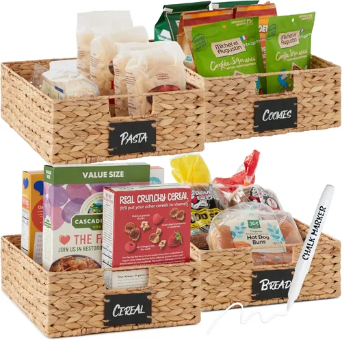 Best Choice Products Juego de 4 cestas grandes de jacinto de agua de 16 x 12 pulgadas, organizadores tejidos con etiqueta de pizarra, marcador de