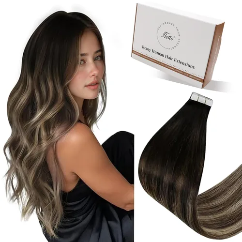 Miniatura 44 de Hetto Extensiones de cabello humano con nano cuentas, balayage, extensiones de cabello humano, color negro degradado a plateado, extensiones