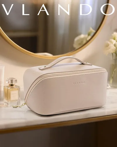 Miniatura 2 de Vlando Bolsa de maquillaje de viaje, neceser para mujer, piel sintética, abierta, plana, bolsa de maquillaje, Clásico elegante