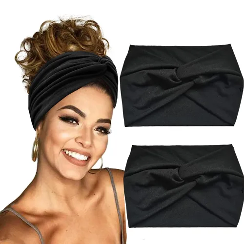 Hexchasty 2 diademas tipo turbante para mujer, gruesas, a la moda, bohemias, elásticas, bonitas, extra anchas, grandes, de tela anudada, de tela,