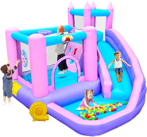 WELLFUNTIME Casa inflable de rebote con tobogán, castillo de salto para niños con soplador, pozo de bolas, pared de escalada, diana, aro de
