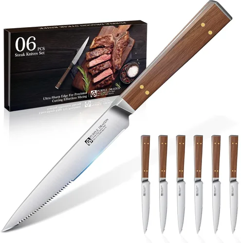 Miniatura 10 de Juego de 4 cuchillos de carne serrados de Purple Dragon de acero alemán de alto carbono con mango cuadrado de madera - Corte sin esfuerzo - Regalo